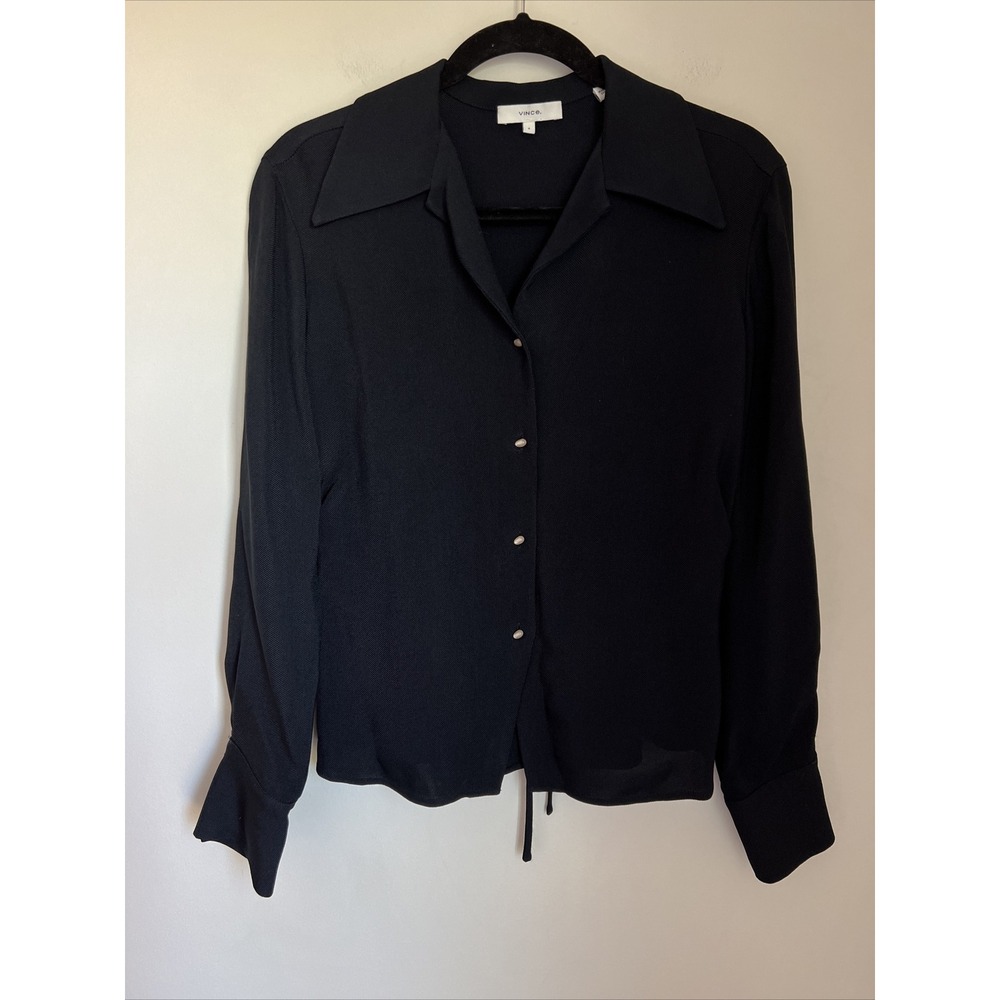 Vince Fitted Shaped Collar Blouse in Black Size 4 Button Down Shirt Tie Back